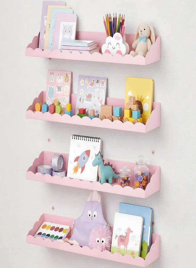 BrightRow 4 Pack Nursery Book Floating Shelves for Wall 17 Inch Pink Metal Scalloped Nursery Book Shelf Wall Mounted Shelf for Room Bedroom Playroom Decor - Image 1